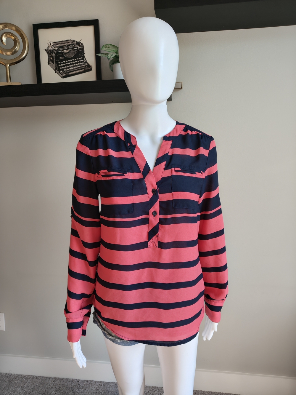 New York & Company Pink and Navy Striped Button-Down Blouse